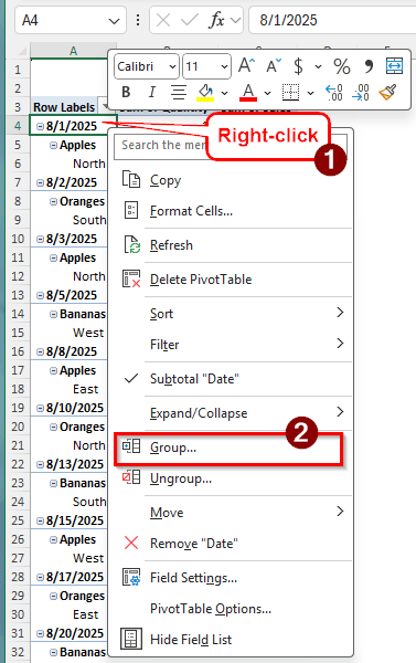 Steps for Grouping a Pivot Table by Week in Excel