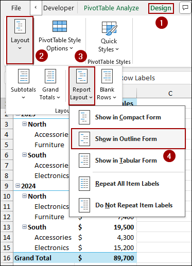 Switching Report Layout in Outline Form