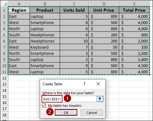 Convert Data to an Excel Table