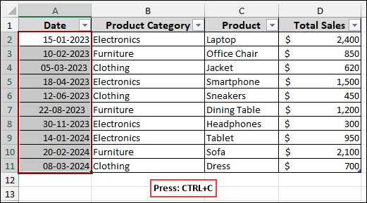 Removing Extra Space from the Date Column in the Main Data Table