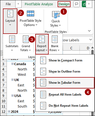 Using Report Layout Feature to Repeat All Row Labels