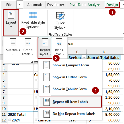 Using Report Layout Feature to Repeat All Row Labels