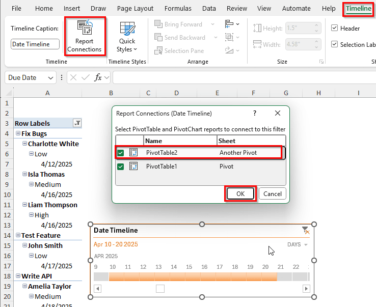Connecting Multiple Pivot Tables to a Single Timeline