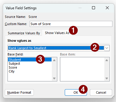 Sorting in Value Field Settings to Rank in a Pivot Table