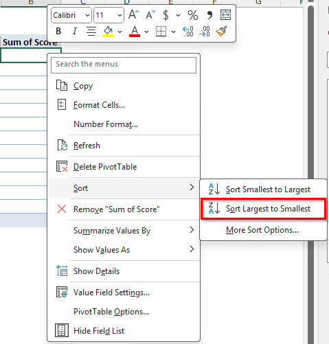 Sorting in Value Field Settings to Rank in a Pivot Table