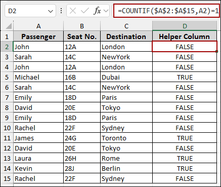 Using COUNTIF Function & a Helper Column to Remove Both Duplicates