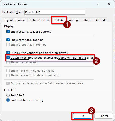 Using Classic Pivot Table to Sort Manually