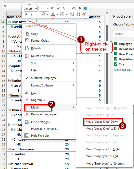 Moving the Row Labels Manually