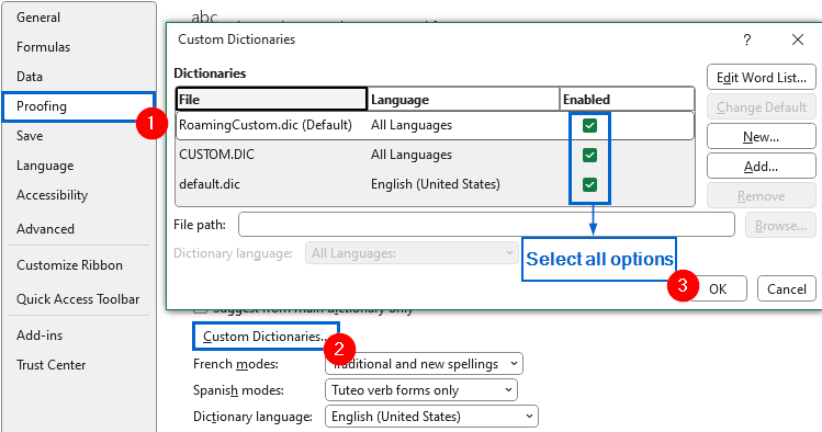 Verify and Customize Built-in Dictionary Options