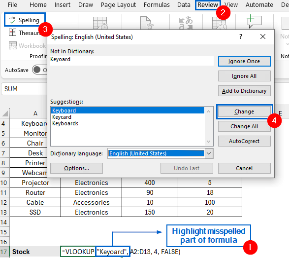 Correct Spelling Errors Inside Formulas