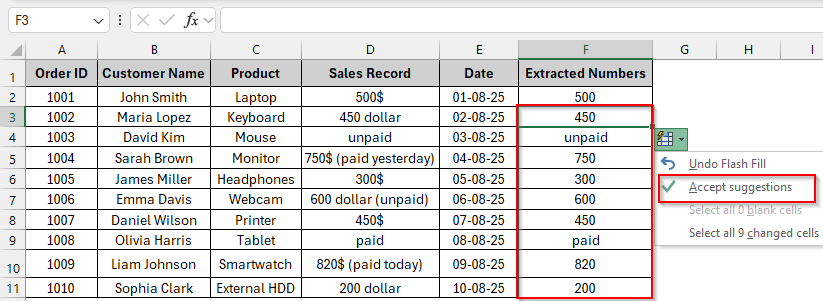 Using Flash Fill to Extract Numbers and Sum