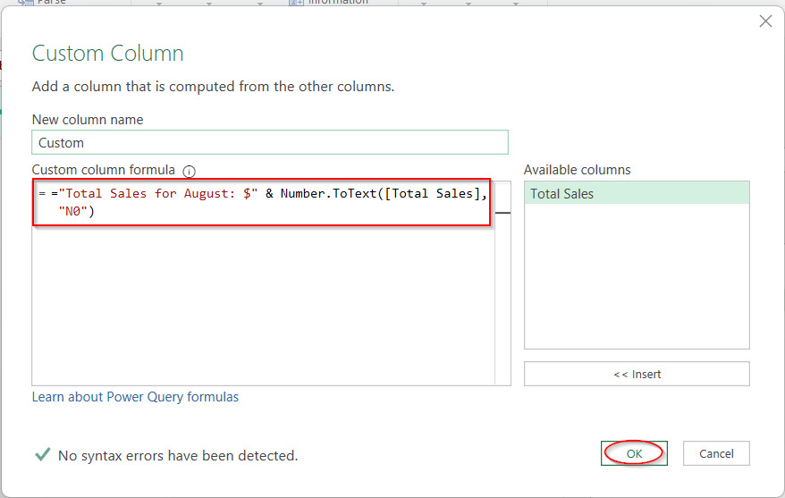 Add Texts and Formula Results Using Power Query
