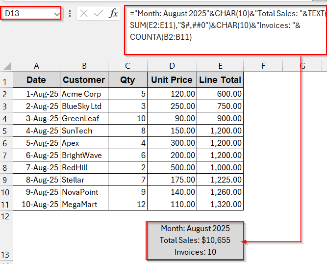Combine Text & Formula with Line Breaks (CHAR(10))