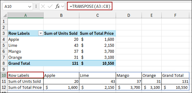 Applying TRANSPOSE Function