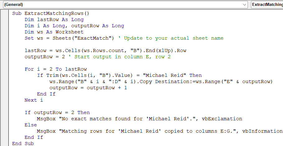 Extract Data Based on an Exact Match Using VBA