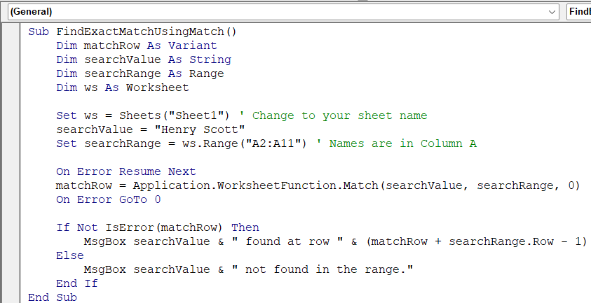 Use WorksheetFunction.Match to Find an Exact Match in VBA
