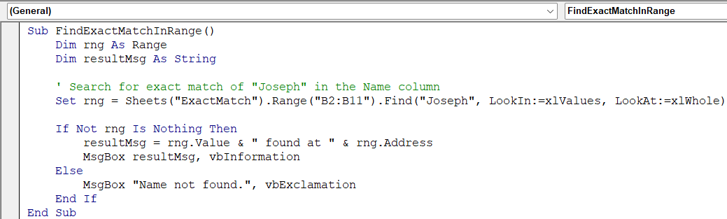 Find an Exact Match in a Range Using VBA (with Message Box Output)