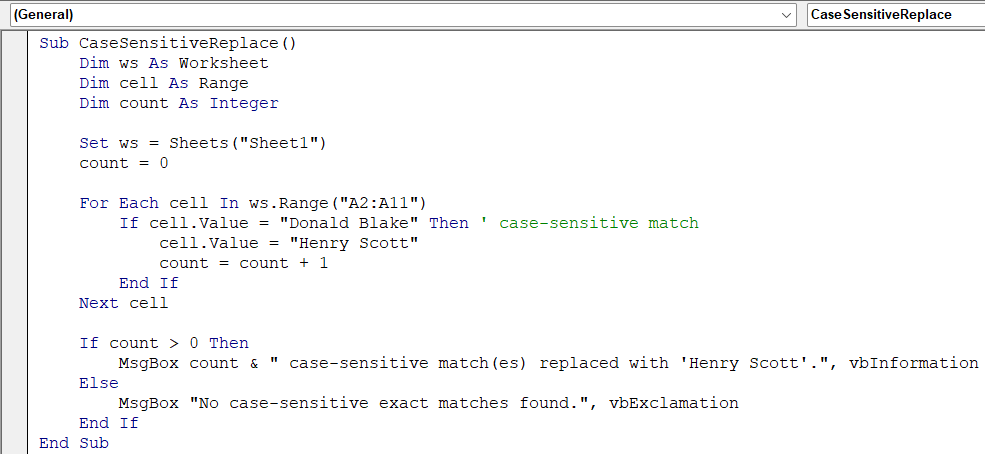 Perform a Case-Sensitive Exact Match and Replace in VBA