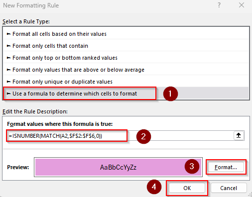 Format Matching Texts Using the ISNUMBER and MATCH Functions