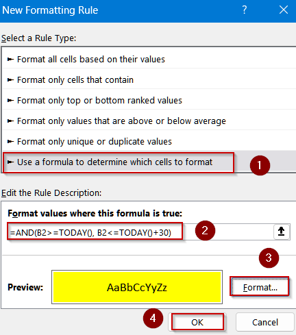 Use AND and TODAY Functions to Highlight Dates Within 30 Days Dynamically