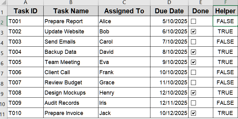 Highlight Rows Based on Checkbox Value Using IF Formula