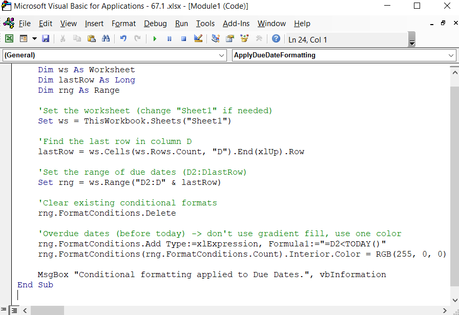 Applying VBA Macro to Apply Conditional Formatting for Dates Older Than Today