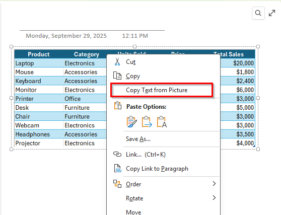 Using Microsoft OneNote OCR and Copying to Excel