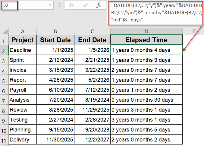 Combine DATEDIF Units to Display Years, Months, and Days Together