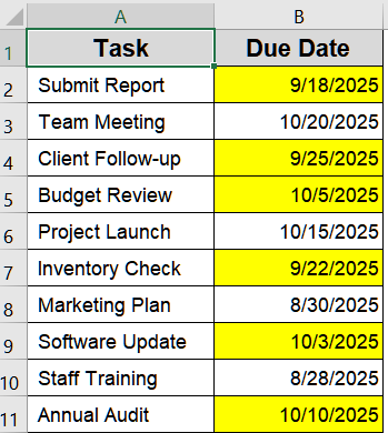 Use AND and TODAY Functions to Highlight Dates Within 30 Days Dynamically