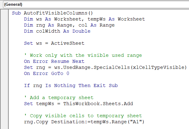 AutoFit Only Visible Rows and Columns
