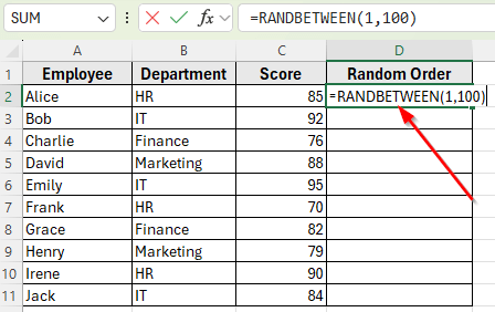 Applying RANDBETWEEN Function for Random Sort in Excel