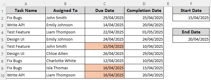 Format Dates That are Between Two Dates in Other Cells