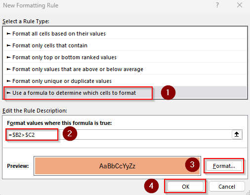 Compare Values in Two Columns and Format Based on the Values