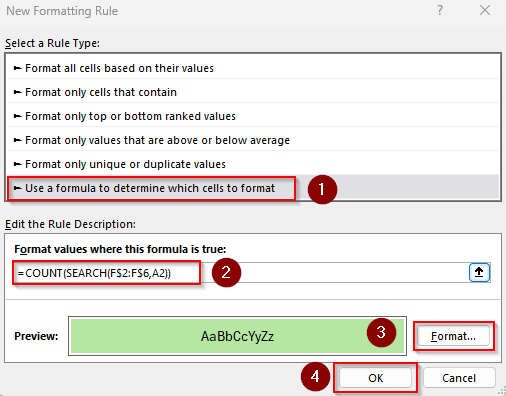Applying Conditional Formatting Formula with COUNT and SEARCH Functiions to Highlight Matching Texts