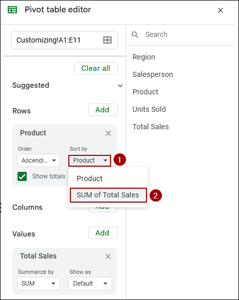 Sorting Pivot Table Data