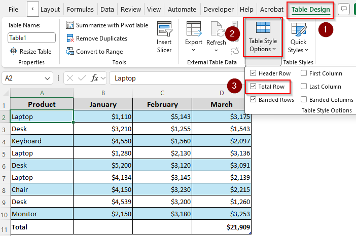 Using the Table Design Tab to Add the Total Row
