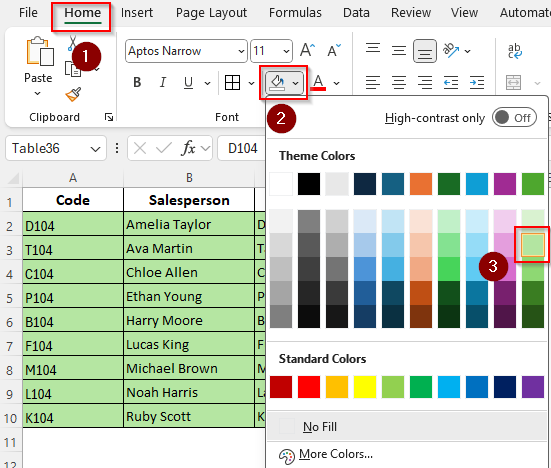 Manually Changing Table Fill Colors