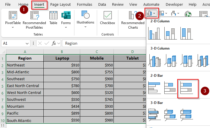 Design a 2-D/3-D 100% Stacked Bar Graph