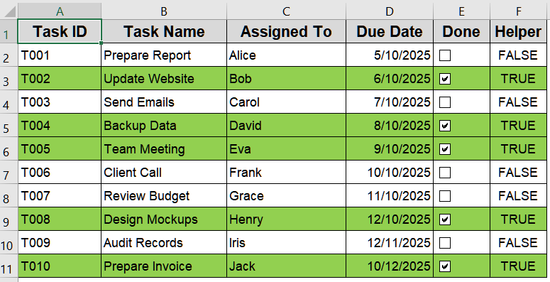 Highlight Rows Based on Checkbox Value Using IF Formula