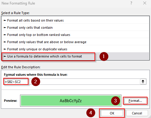 Compare Values in Two Columns and Format Based on the Values