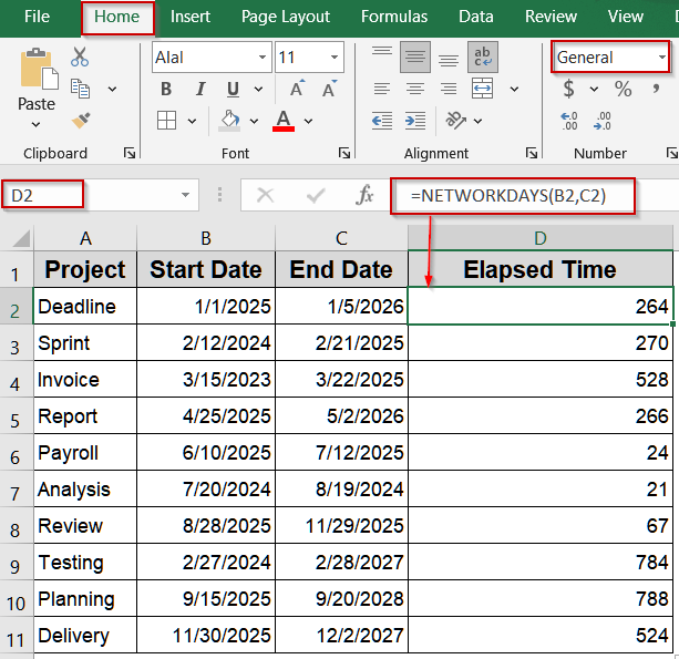 Use NETWORKDAYS to Calculate Duration in Working Days