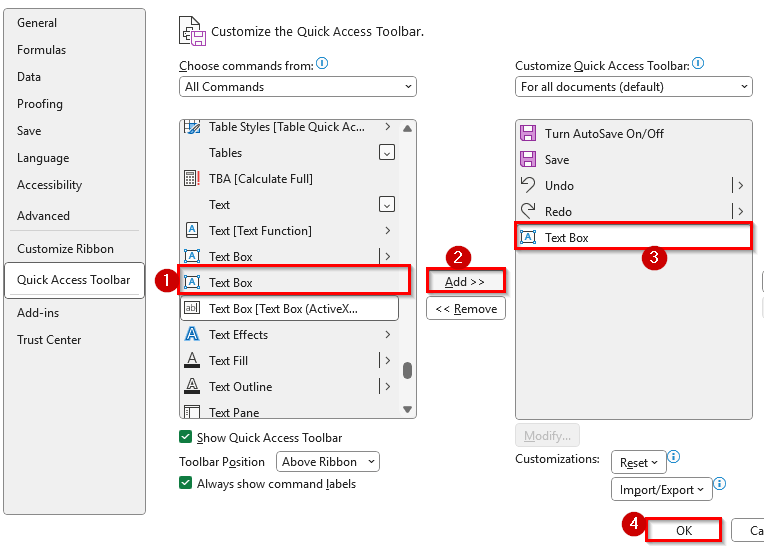Insert Text Box Using the Quick Access Toolbar in Excel