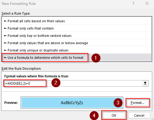 Using a Helper Column with IF Function to Highlight Alternate Rows
