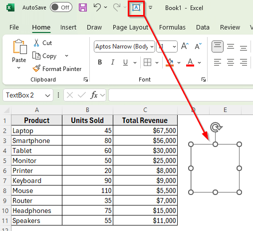Insert Text Box Using the Quick Access Toolbar in Excel