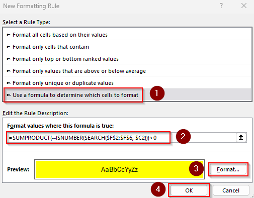 Highlight Partial Matches with the SEARCH and SUMPRODUCT Functions