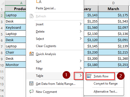 Input a Total Row with the Context Menu
