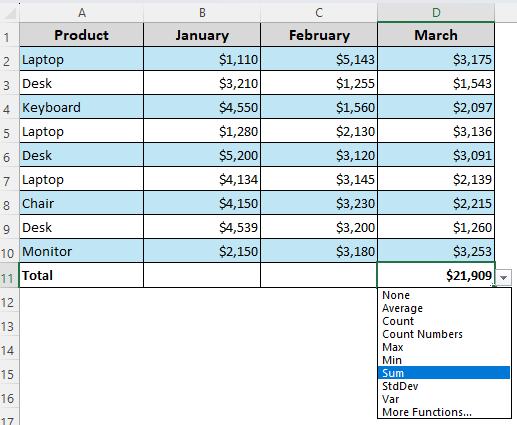 Input a Total Row with the Context Menu