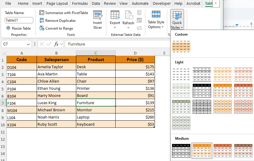 Changing Page Theme to Replace the Entire Table's Color Palette
