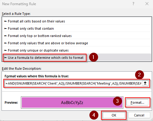 Format Cells That Contain All of Multiple Text Values
