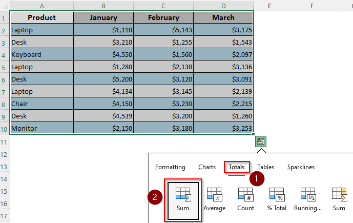 Insert Total Row with Quick Analysis Tool